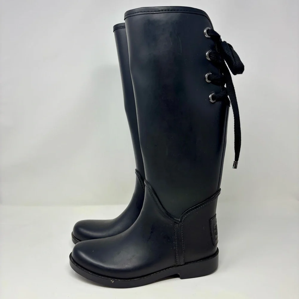 Coach Tristee Signature Matte Black Waterproof Lace Up Lined Rain Boots Classic